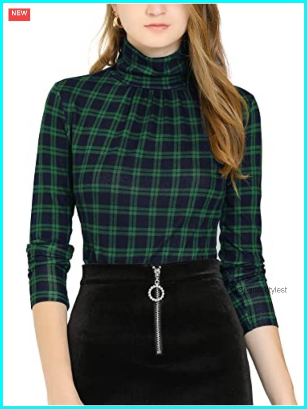 Women's Striped Plaid Turtleneck Long Sleeve Blouse